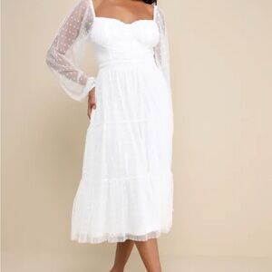 Lulus White Affectionate Aura White Swiss Dot Tiered Bustier Midi Dress Size M